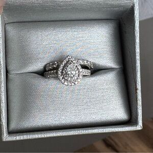 Zales 1.5 Carat Diamond Teardrop Engagement Wedding Ring Set 14k White Gold